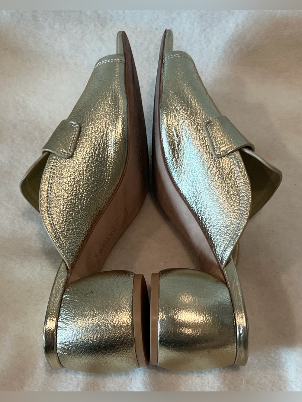 Gold Metallic Leather Slide Mules with Low Block Heel - Picture 10 of 12